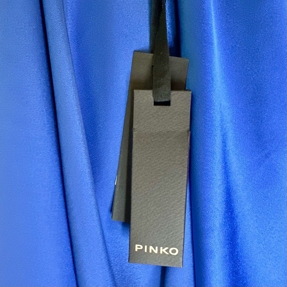 NWT Pinko Curtis Abito Ultra Blue Satin Flowy High Low Formal Midi Dress - Picture 8 of 16